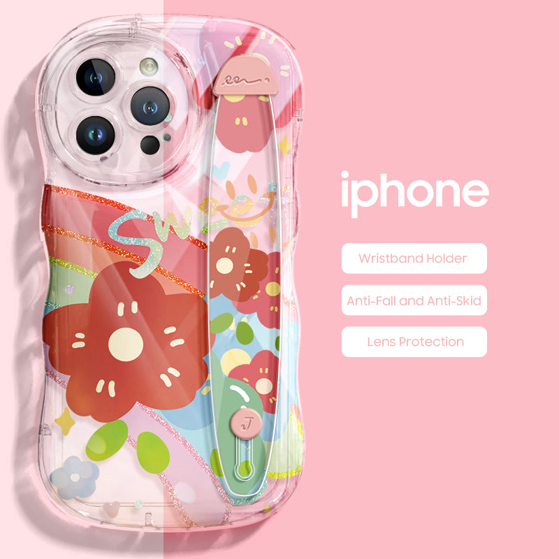 iPhone Series | “Rainbow Flower” Design Anti-fall Soft Silicone Transparent Wristband Phone Case