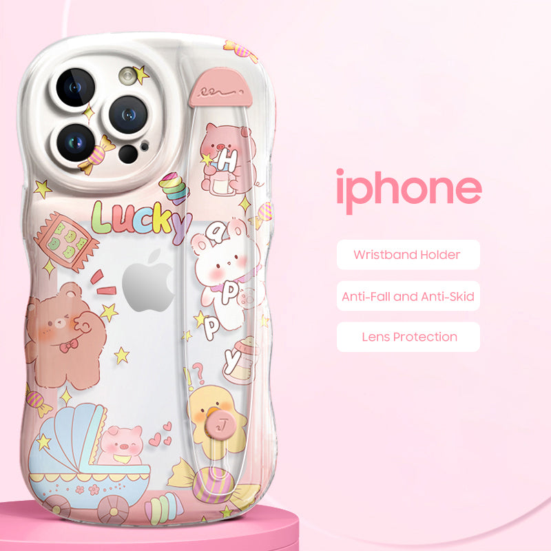 iPhone Series | “Cute Bear” Design Anti-fall Soft Silicone Transparent Wristband Phone Case