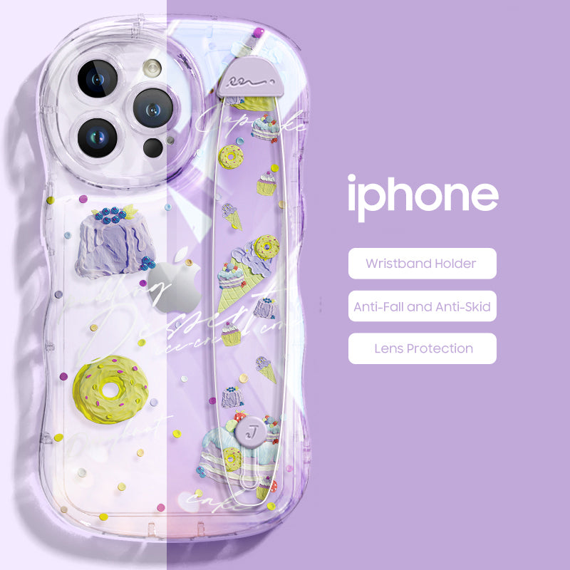 iPhone Series | “Ice Cream Donut” Design Anti-fall Soft Silicone Transparent Wristband Phone Case