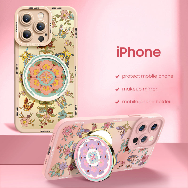 iPhone Mirror Bracket Series |"Retro Floral Series” Cartoon Silicone Liquid Phone Case