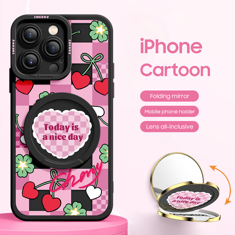 iPhone Mirror Bracket Series |"Plaid Heart” Cartoon Silicone Liquid Phone Case