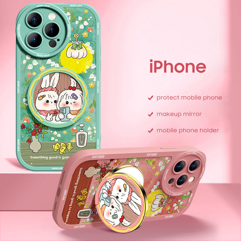 iPhone Mirror Bracket Series |"Garden Bunny” Cartoon Silicone Liquid Phone Case