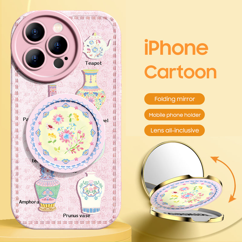 iPhone Mirror Bracket Series |"Porcelain Design” Cartoon Silicone Liquid Phone Case