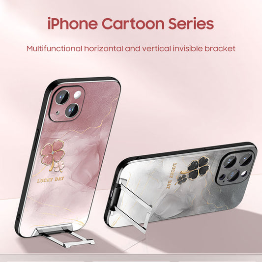 iPhone Invisible Bracket Series | Light Luxury Watercolor Four-Leaf Clover Print Frosted Phone Case