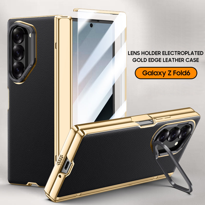 Samsung Galaxy Z Fold6 | Lens Holder Electroplated Gold Edge Leather Case