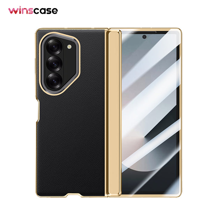 Samsung Galaxy Z Fold6 | Lens Holder Electroplated Gold Edge Leather Case